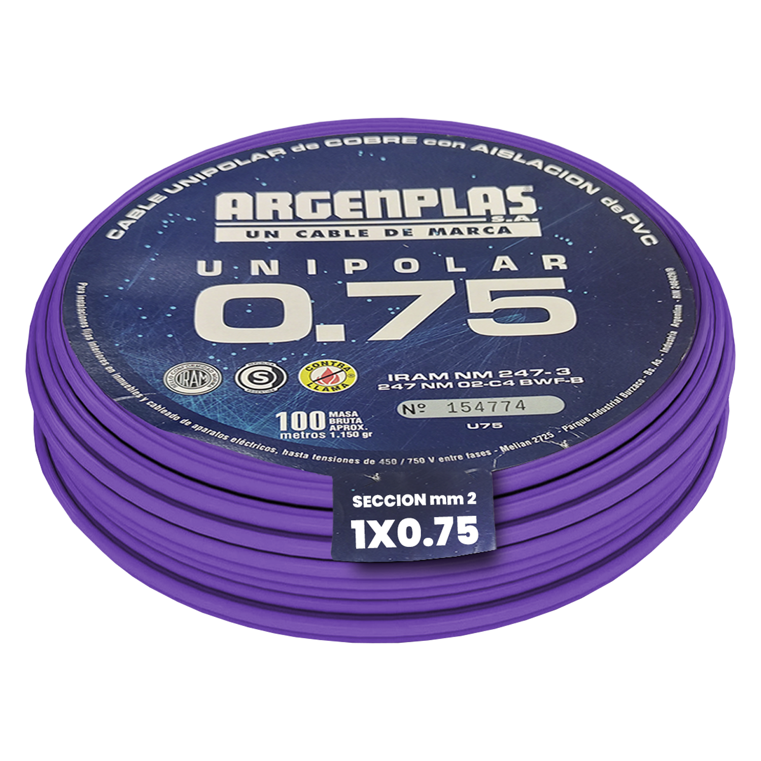 Cable Unipolar 0,75mm2 PVC Violeta (x 100Mts) Argenplas