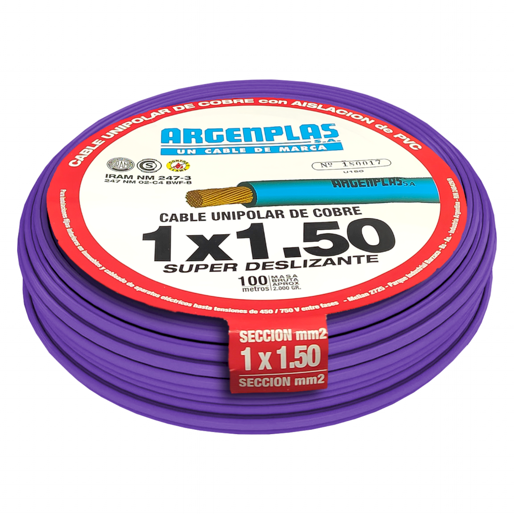 [30482] CABLE UNIPOLAR 1,50mm² PVC VIOLETA ARGENPLAS (x 100M) U150VIRO