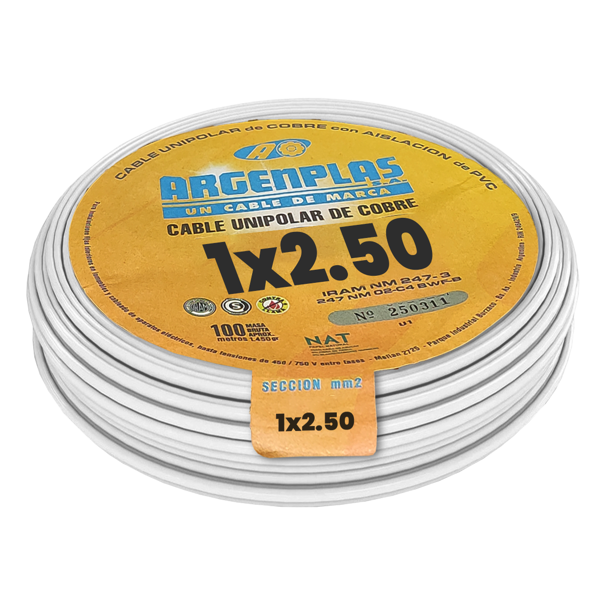 Cable Unipolar 2,50mm2 PVC Blanco (x 100Mts) Argenplas