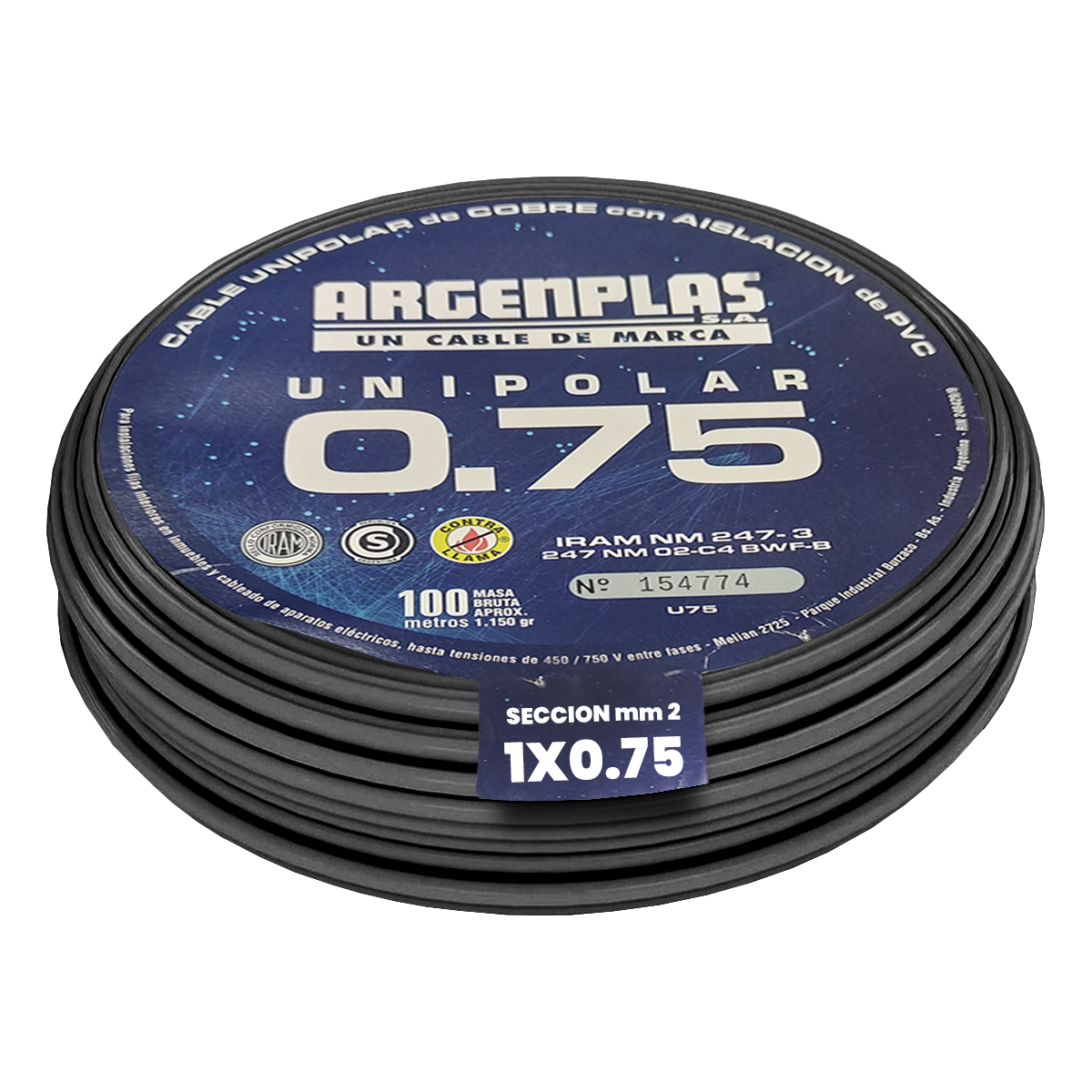 Cable Unipolar 0,75mm2 PVC Alambre Negro (x 100Mts) Argenplas