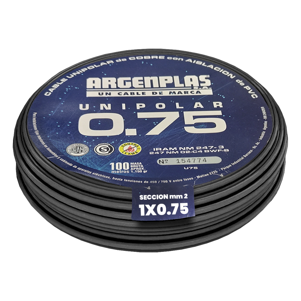 Cable Unipolar 0,75mm2 PVC Alambre Negro (x 100Mts) Argenplas