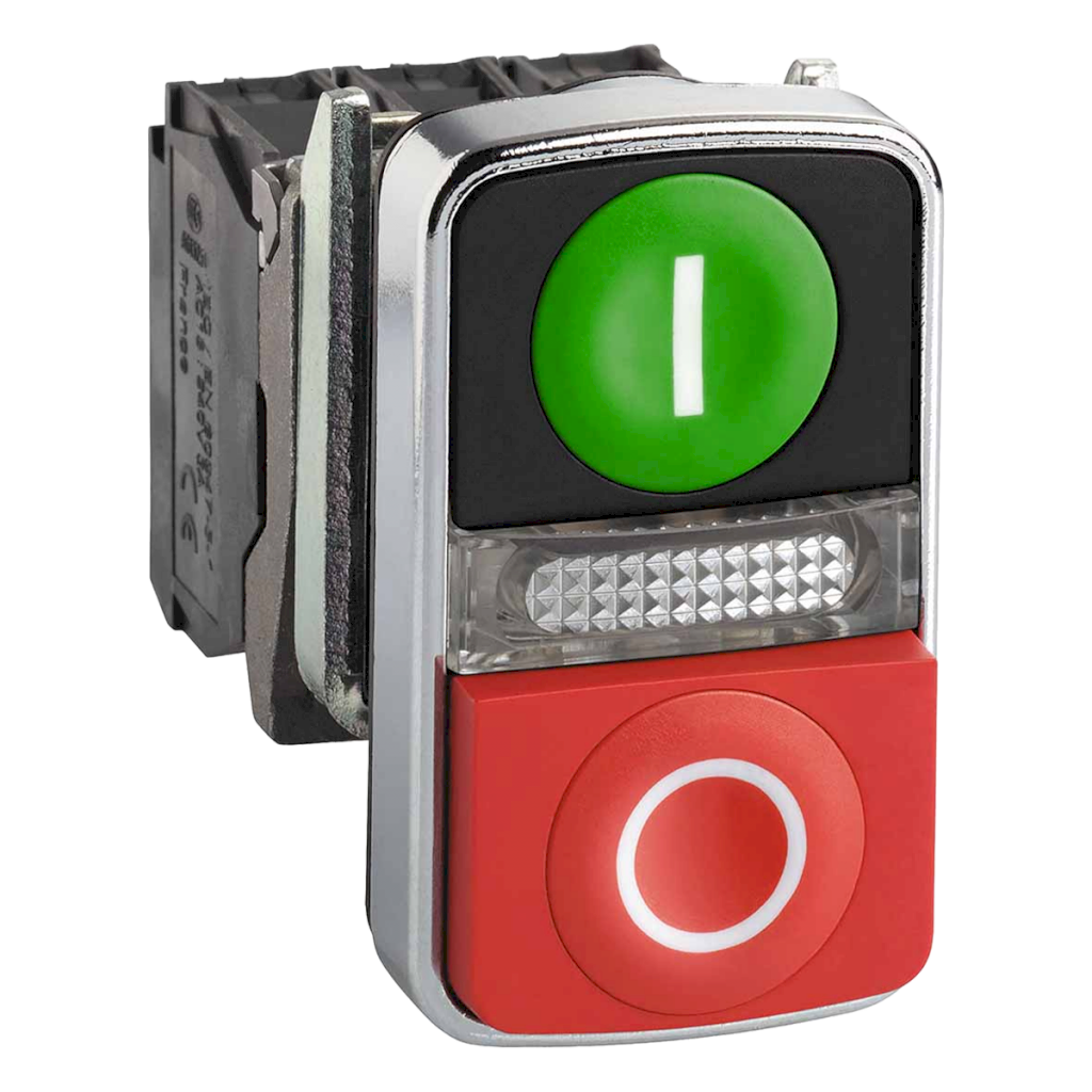 [21372] Pulsador Luminoso Doble Led XB4 Metalico 220VCA/VCC 220VCC Saliente 1NA + 1NC Verde/Rojo Schneider Electric