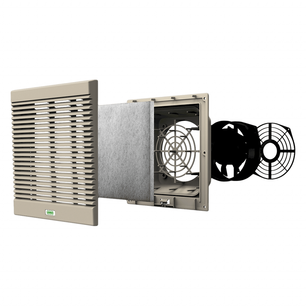 VENTILADOR DE ENTRADA CON REJILLA Y FILTRO 220VCA 150x150mm GRIS 141501G