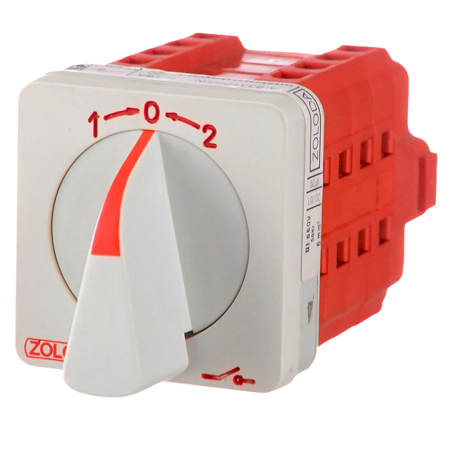 [12319] Interr. Rotativo 1P 16A 690VCA Maneta Giratoria Blanco/Rojo Zoloda