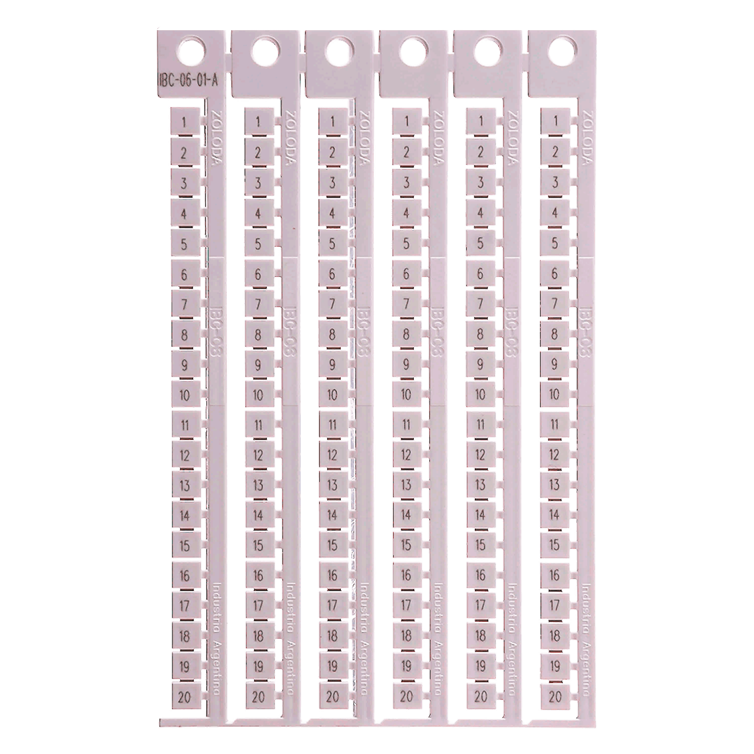 Plancha Números 1-20 P/Borne 6mm Blanca Zoloda