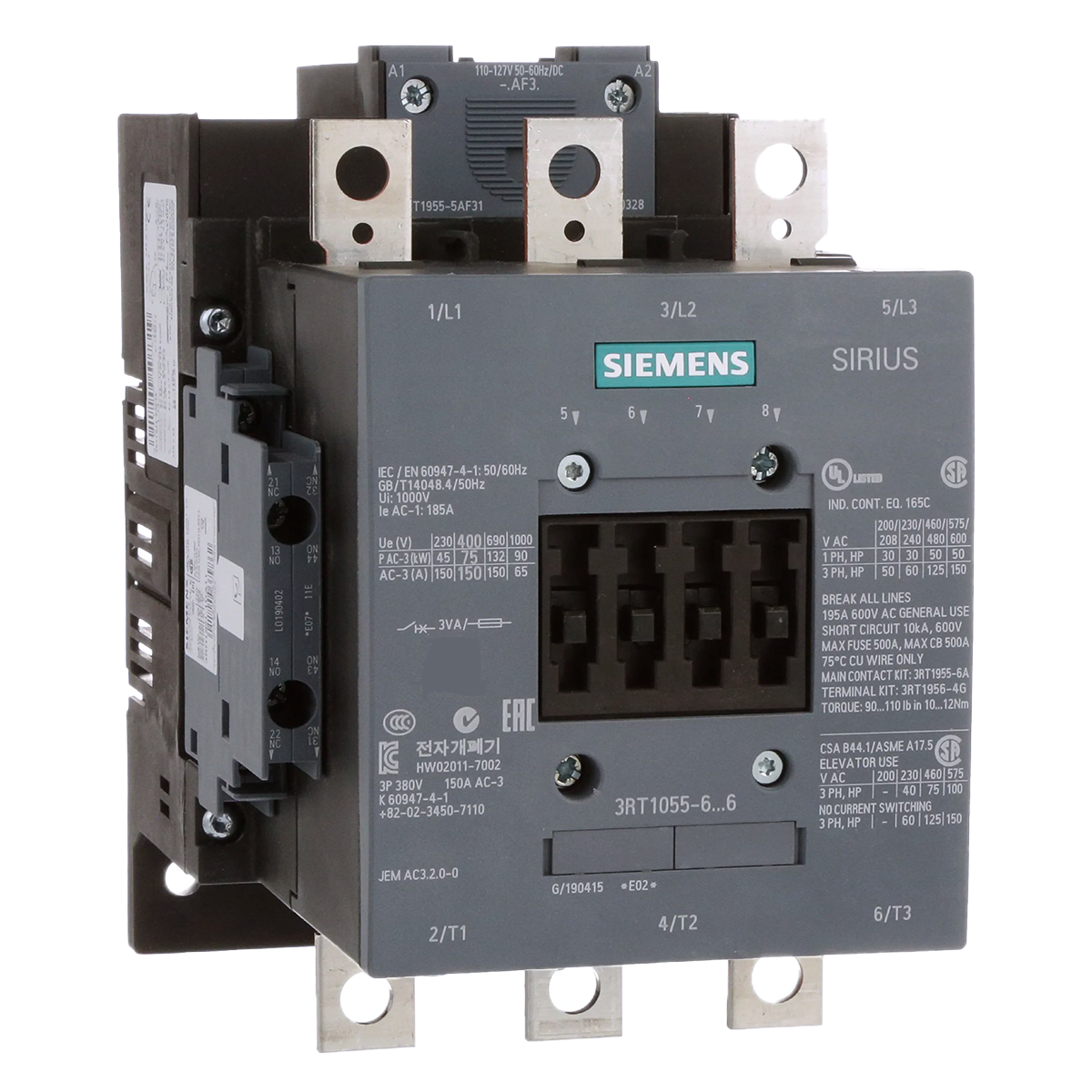[11968] Contactor 3RT1 3P 150A 110VCA 75kW 2NA+2NC S6 Siemens