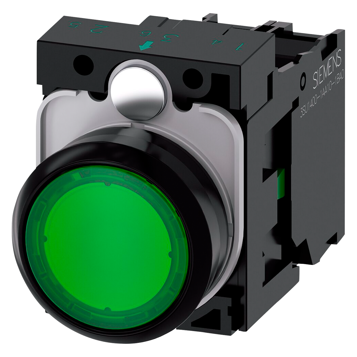 [19884] Pulsador Luminoso Plástico 220VCA/VCC-380VCC 220VCA Rasante 1NC Verde Siemens