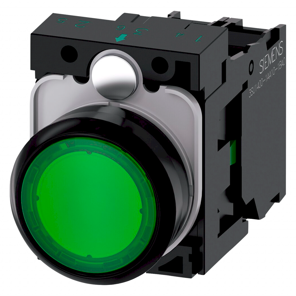 [19884] Pulsador Luminoso Plástico 220VCA/VCC-380VCC 220VCA Rasante 1NC Verde Siemens