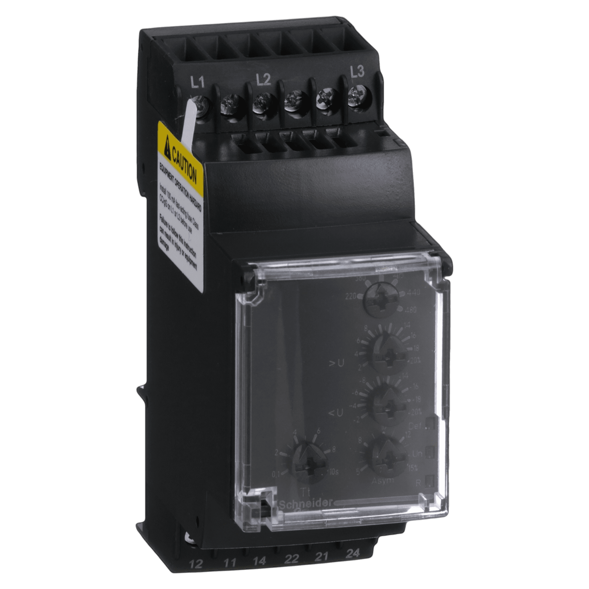 Relé de Control Trifásico Secuencia/Falta de fase + Asiemtria + Sub/Sobre Tensión 220-480VCA 2C/O 5A Schneider Electric