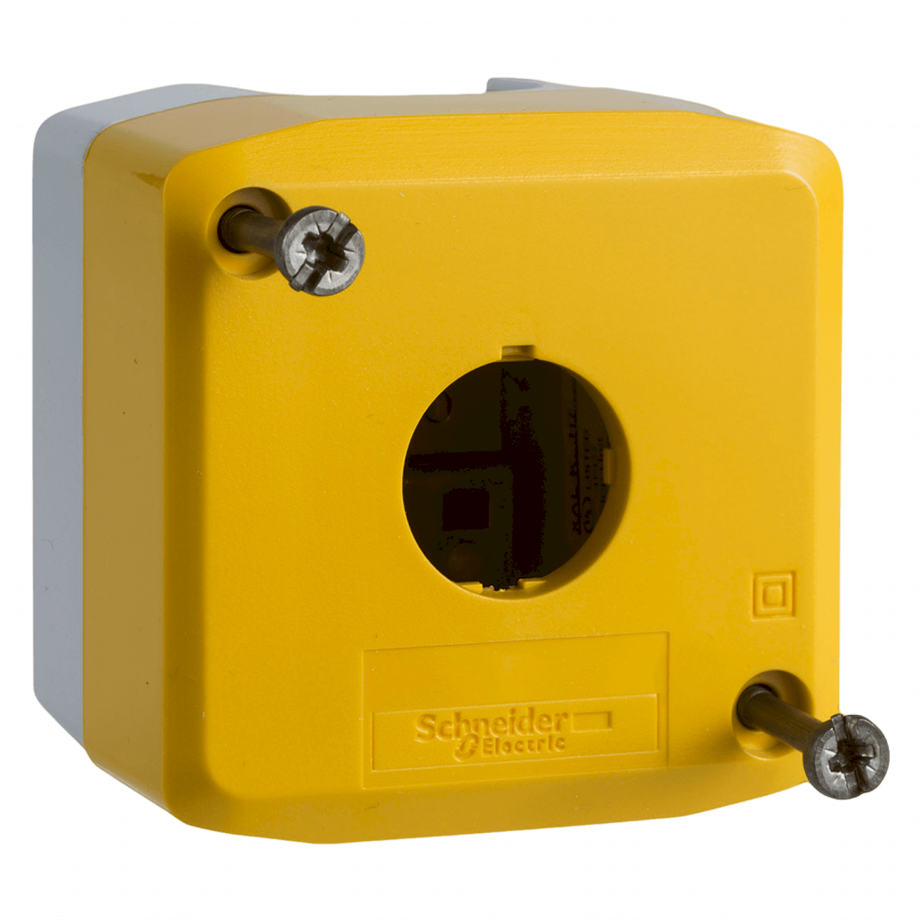 [29555] Caja Pie de Maquina Policarbonato Amarillo/Gris 1 Orificio Schneider Electric