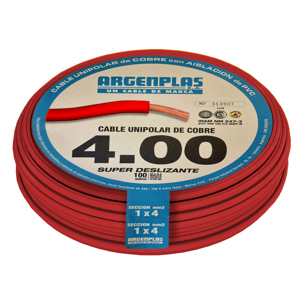 CABLE UNIPOLAR 4mm² PVC ROJO ARGENPLAS (X 100MT) U4RORO X100