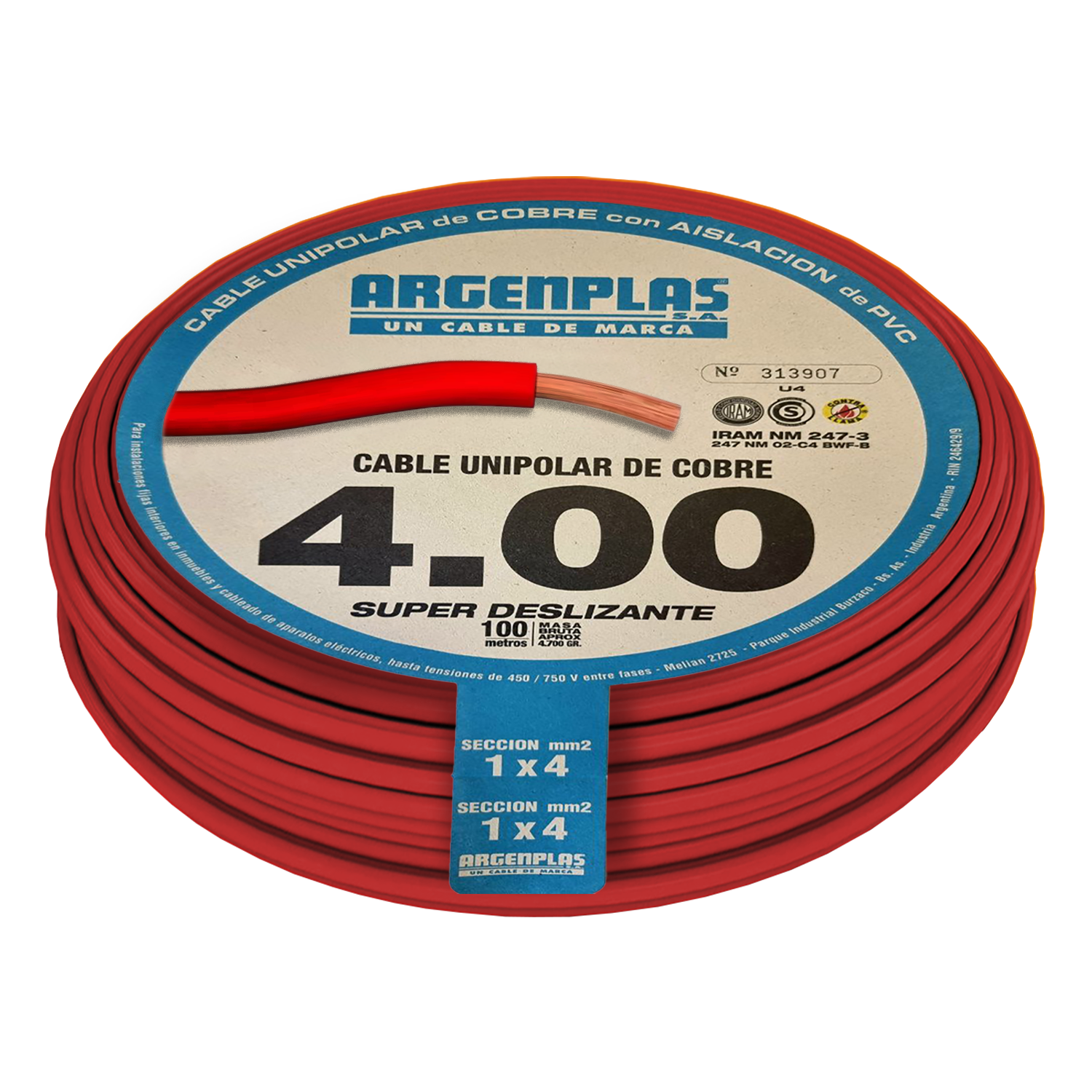 Cable Unipolar 4mm2 PVC Rojo (x 100Mts) Argenplas