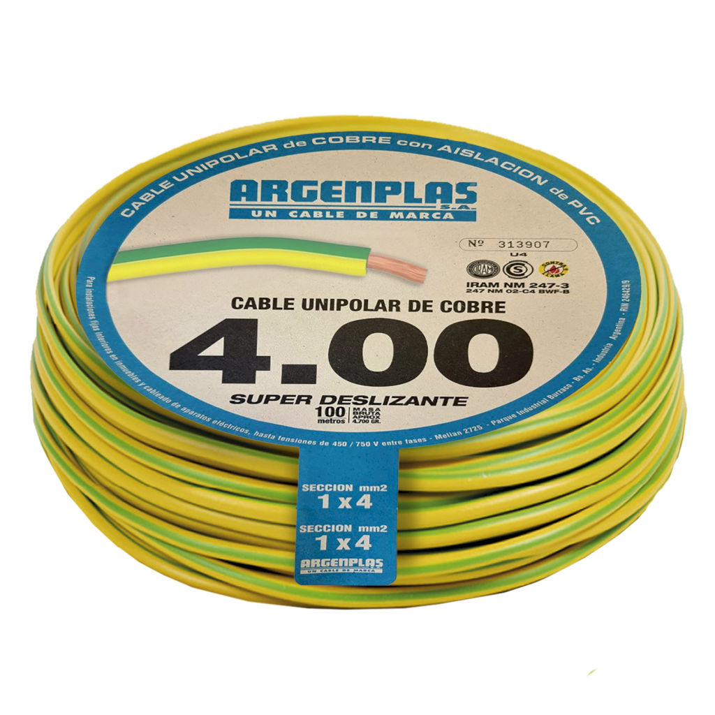 CABLE UNIPOLAR 4mm² PVC VER/AM ARGENPLAS (X 100MT) U4V/A X100