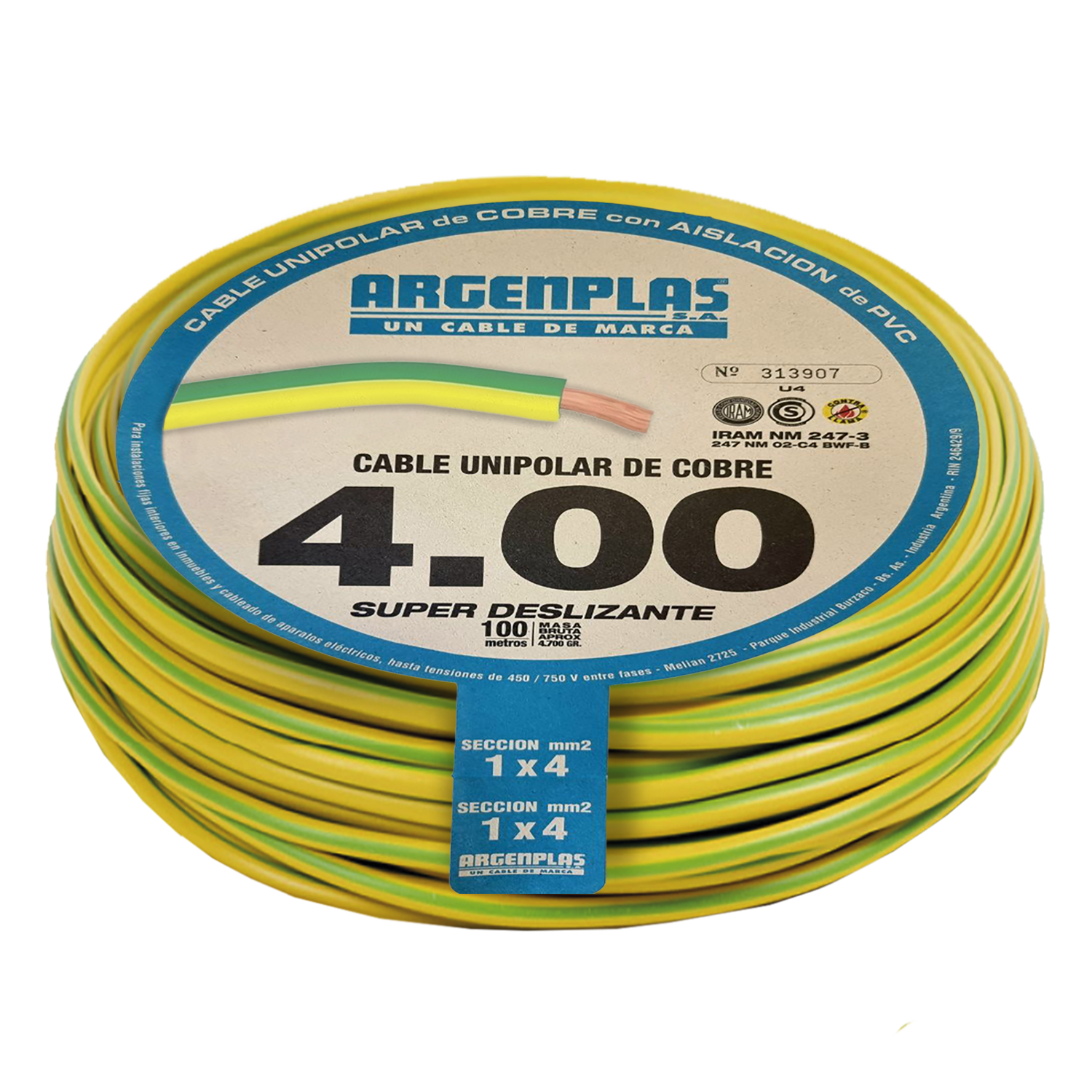 Cable Unipolar 4mm2 PVC Verde/Amarillo (x 100Mts) Argenplas