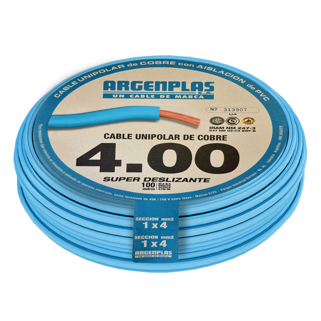 CABLE UNIPOLAR 4mm² PVC CELESTE ARGENPLAS (X 100MT) U4CERO X100