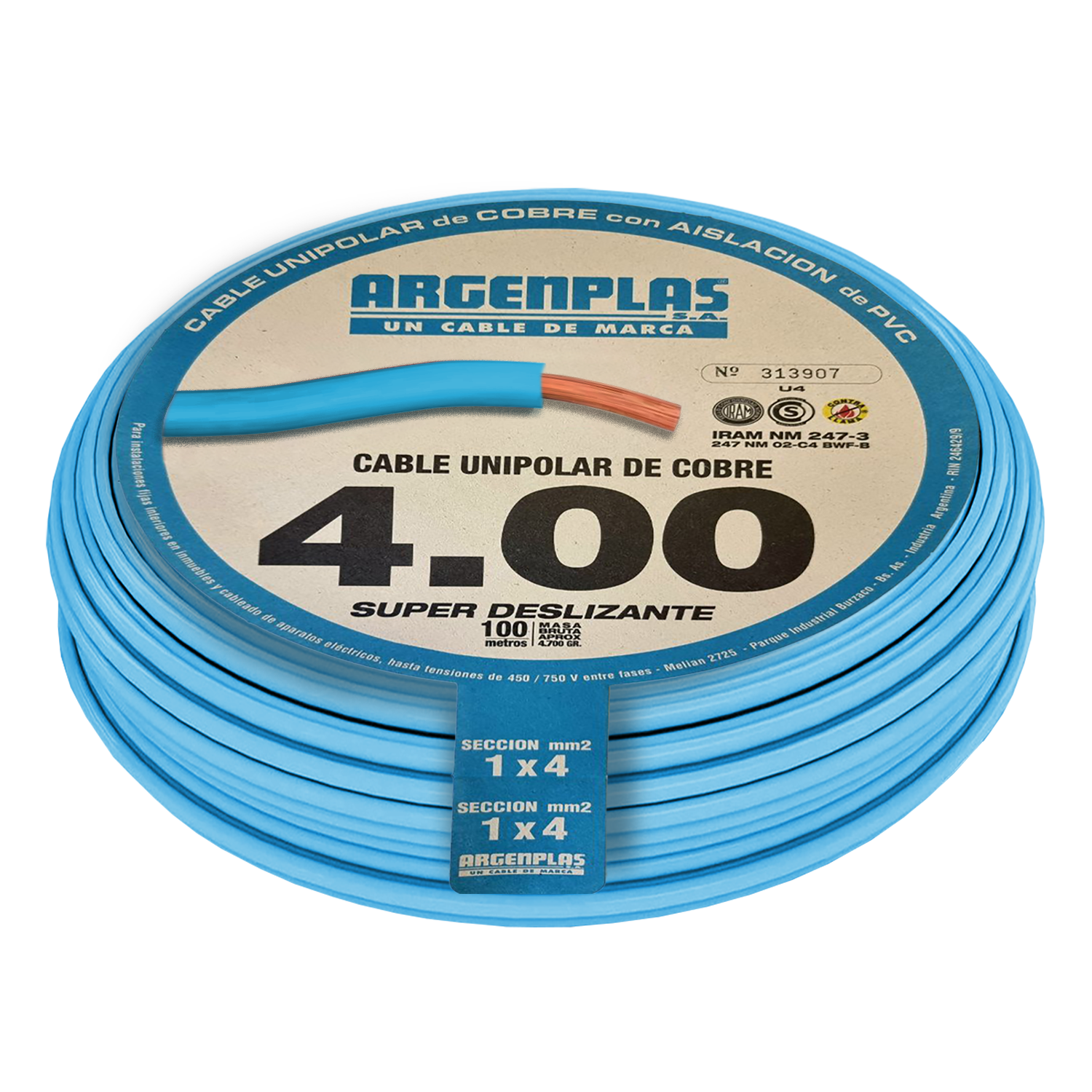 Cable Unipolar 4mm2 PVC Celeste (x 100Mts) Argenplas