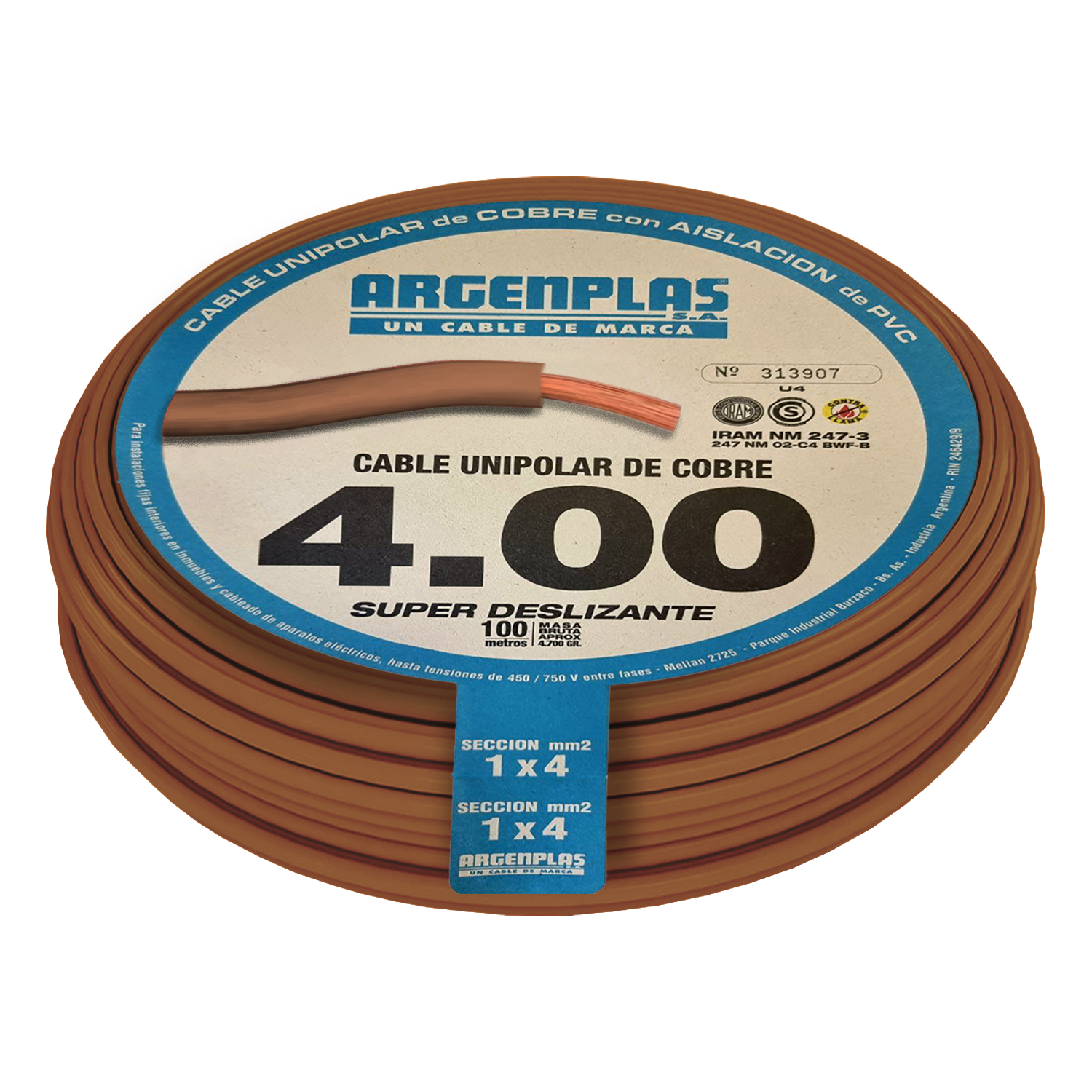Cable Unipolar 4mm2 PVC Marron (x 100Mts) Argenplas
